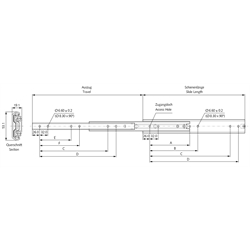 Auszugschienensatz DA 5321 Schienenlänge 550mm Aluminium, Technische Zeichnung