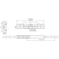 Auszugschiene DZ 4180 Schienenlänge 1450mm hell verzinkt, Technische Zeichnung