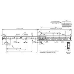 Auszugschienensatz DB 2132 Schienenlänge 350mm verzinkt und schwarz passiviert, Technische Zeichnung