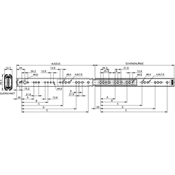 Auszugschienen DZ 2601, Breite 12,7 mm, bis 45 kg, kompaktes Profil, Vollauszug, Technische Zeichnung