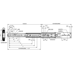 Auszugschienen DZ 2907, Breite 9,6 mm, bis 55 kg, Überauszug, Technische Zeichnung