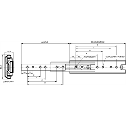 Auszugschienen DZ 5321 SC, Breite 19,1 mm, bis 120 kg, Überauszug, Selbsteinzug, Technische Zeichnung