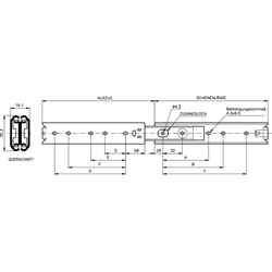 Auszugschienen DS 0330, Breite 19,1 mm, bis 80 kg, Edelstahl, Vollauszug, Technische Zeichnung