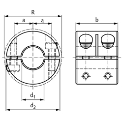 Geteilter Klemmring breit Edelstahl 1.4305 Bohrung 25mm mit Schrauben DIN 912 A2-70 , Technische Zeichnung