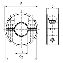 Geteilter Klemmring Stahl C45 brüniert Bohrung 48mm mit Schrauben DIN 912 12.9, Technische Zeichnung