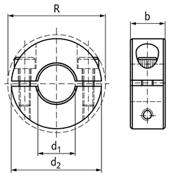 Geteilter Klemmring Aluminium Bohrung 1,125 Zoll = 28,575mm mit Schrauben DIN 912 A2-70, Technische Zeichnung