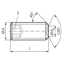 Gewindestift ISO 4029 (ex DIN 916) mit Innensechskant und Ringschneide Edelstahl A2 M10 x 30mm, Technische Zeichnung