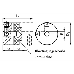 Drehstarre Kupplungen HZD mit Durchgangsbohrung, Stellschrauben, rostfrei, Technische Zeichnung