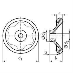 Scheiben-Handräder DIN 3670 mit Griffmulden, aus Aluminium, Technische Zeichnung