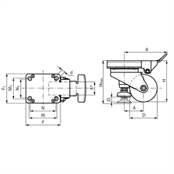 Premium-Heberollen mit Lochplatte, mit ortsfestem Hebel, Lauffläche Kunststoff, Technische Zeichnung