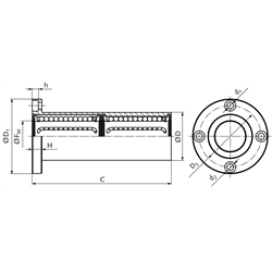 Tandem Linearkugellager KBT-ST-FL mit rundem Flansch beidseitig abgedichtet für Wellen-Ø 40mm lange Ausführung, Technische Zeichnung