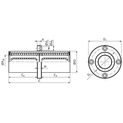 Tandem-Linearkugellager KBT-ST-FM mit mittigem rundem Flansch beidseitig abgedichtet für Wellen-Ø 20mm, Technische Zeichnung