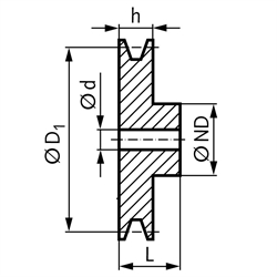 Keilriemenscheibe aus Aluminium Profil XPA, SPA und A (13) 1-rillig Nenndurchmesser 100mm, Technische Zeichnung
