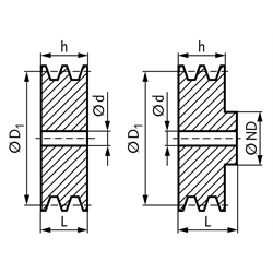 Keilriemenscheibe aus Aluminium Profil XPA, SPA und A (13) 2-rillig Nenndurchmesser 100mm, Technische Zeichnung