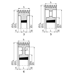 Keilriemenscheiben für Taper-Spannbuchsen, Profil B, SPB und XPB (17), 6-rillig, Technische Zeichnung