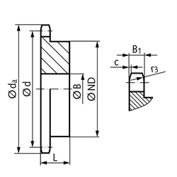 Kettenrad KRG mit einseitiger Nabe 16 B-1 1"x17,02mm 20 Zähne Material Stahl Zähne induktiv gehärtet, Technische Zeichnung