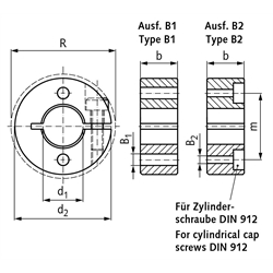 Geschlitzter Klemmring aus Edelstahl 1.4305 Bohrung 12mm mit Schraube DIN 912 A2-70 Ausf. B1, Technische Zeichnung