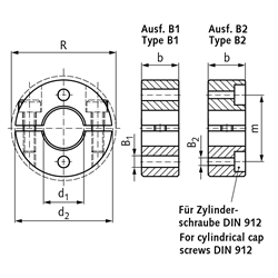 Geteilter Klemmring aus Stahl C45 brüniert Bohrung 50mm mit Schrauben DIN 912 12.9 Ausf. B1, Technische Zeichnung