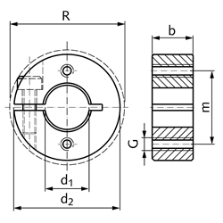 Geschlitzter Klemmring aus Edelstahl 1.4305 Bohrung 28mm mit Schraube DIN 912 A2-70 Ausf. GA, Technische Zeichnung