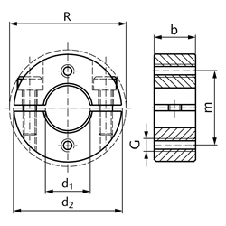 Geteilter Klemmring aus Edelstahl 1.4305 Bohrung 35mm mit Schrauben DIN 912 A2-70 Ausf. GA, Technische Zeichnung