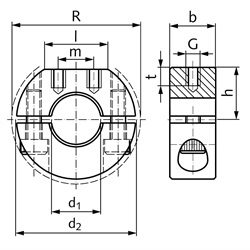 Geteilter Klemmring aus Stahl C45 brüniert Bohrung 38mm mit Schrauben DIN 912 12.9 Ausf. GR, Technische Zeichnung