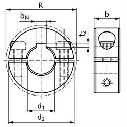 Geteilter Klemmring aus Stahl C45 brüniert Bohrung 25mm mit Schrauben DIN 912 12.9 Ausf. N, Technische Zeichnung