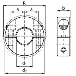 Geteilter Klemmring aus Aluminium Bohrung 32mm mit Schrauben DIN 912 A2-70 Ausf. S, Technische Zeichnung