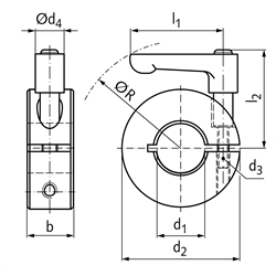 Geschlitzter Klemmring Aluminium Bohrung 38mm mit verstellbarem Klemmhebel M6 x 18 Länge 45mm, Technische Zeichnung