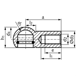 Kugelpfannen DIN 71805 mit Sprengring und Nut für Sicherungsbügel, Stahl verzinkt, Technische Zeichnung