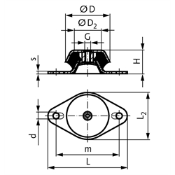 Maschinenfuß mit Abreisssicherung Durchm. 144mm Höhe 48mm Gewinde M16 Flansch oval, Technische Zeichnung