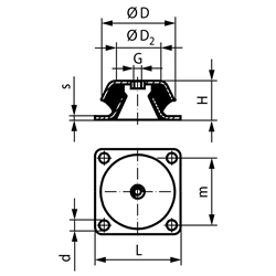 Maschinenfuß ohne Abreisssicherung Durchm. 150mm Höhe 51,5mm Gewinde M16 Flansch quadratisch, Technische Zeichnung