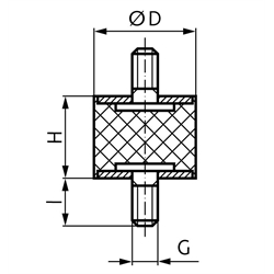 Metall-Gummipuffer MGP Durchmesser 25mm Höhe 30mm Gewinde M6x18 , Technische Zeichnung