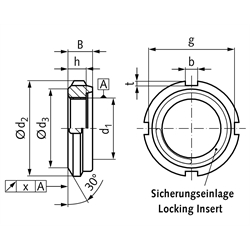 Nutmutter UW rostfrei mit Sicherungseinlage Gewinde M55x2 Edelstahl 1.4301 , Technische Zeichnung