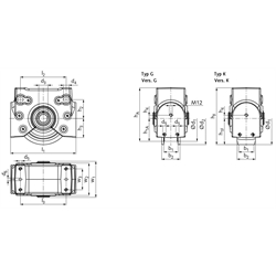 Radblock RB/I Größe 200 mit PUR-Bandage-Rad Gehäuselänge 250mm , Technische Zeichnung