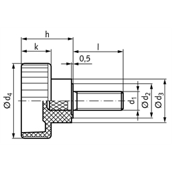 Rändelhohlschraube 421 M8 x 30mm lang Gewindestift Stahl verzinkt , Technische Zeichnung