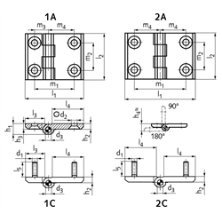 Scharnier M237L aus Zink-Druckguss, Form 1C, 90x60mm, Technische Zeichnung