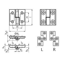 Scharnier M337 aus Edelstahl 1.4308, aushängbar, Form L, 40x40mm, Technische Zeichnung