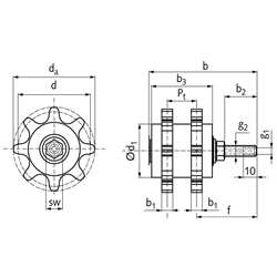 PU-Kettenschmierritzel DIN ISO 16 B-2 8 Zähne gleitgelagert Schmieranschluss axial, Technische Zeichnung