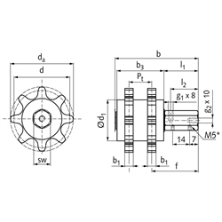 PU-Kettenschmierritzel DIN ISO 12 B-2 8 Zähne gleitgelagert Schmieranschluss radial, Technische Zeichnung