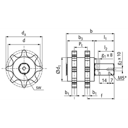 Kettenschmierritzel für Zweifach-Rollenketten B-2, Schmieranschluss radial, Technische Zeichnung