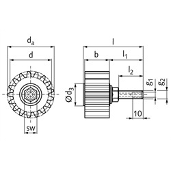 PU-Schmierzahnrad Modul 3 17 Zähne geradverzahnt Schmieranschluss axial, Technische Zeichnung