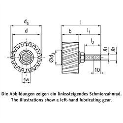 PU-Schmierzahnrad Modul 2 17 Zähne schrägverzahnt rechtssteigend Schmieranschluss axial, Technische Zeichnung