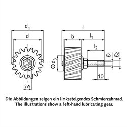 Schmierzahnräder, schrägverzahnt, Schmieranschluss axial, Technische Zeichnung