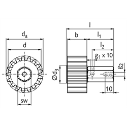 PU-Schmierzahnrad Modul 5 17 Zähne geradverzahnt Schmieranschluss radial, Technische Zeichnung