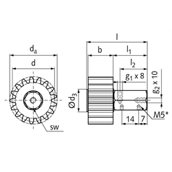 Schmierzahnräder, geradverzahnt, Schmieranschluss radial, Technische Zeichnung