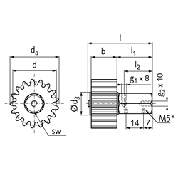 Schmierzahnräder, geradverzahnt, Schmieranschluss radial, Technische Zeichnung