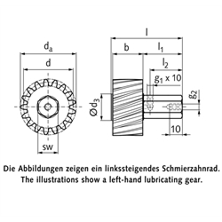 PU-Schmierzahnrad Modul 2 17 Zähne schrägverzahnt linkssteigend Schmieranschluss radial, Technische Zeichnung