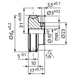 Schneckenräder - Achsabstand 31 mm, Technische Zeichnung