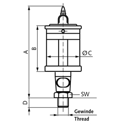 Tropföler UNI mit Regulierung von oben Inhalt 20 ml Gewinde G 1/8" Einfülldeckel geschraubt, Technische Zeichnung