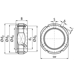 Wellenmutter KMT 16 mit Sicherungsstiften Gewinde M80x2, Technische Zeichnung